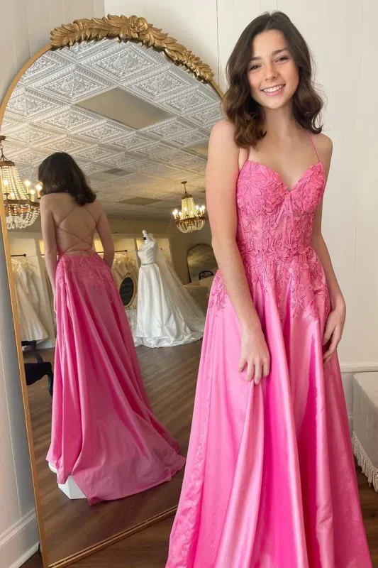 A-Line Hot Pink Formal Dresses 2025 Floral Appliques Cheap Prom Dress Lace-Up sold by My Chic Dress
