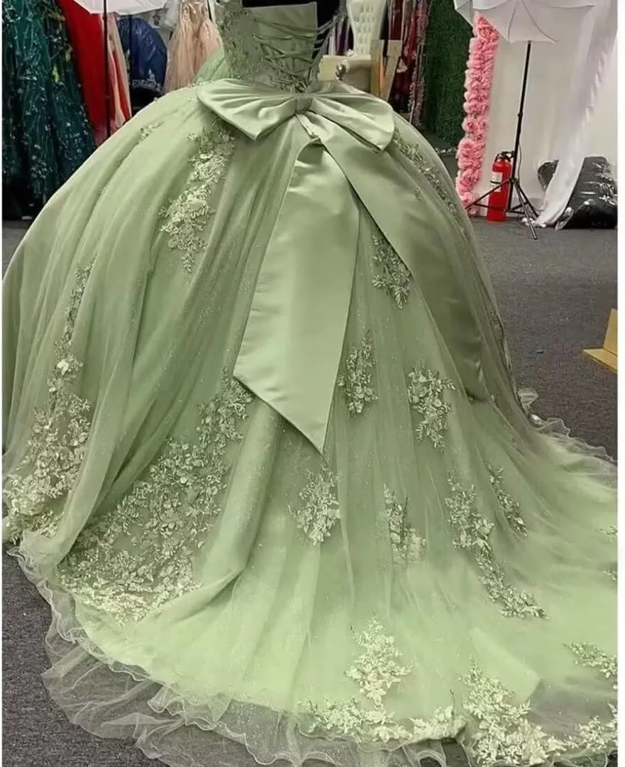 Ball Gown Sage Green Quinceanera Dresses Lace Applique Off the Shoulder sold by My Chic Dress product image thumbnail 4
