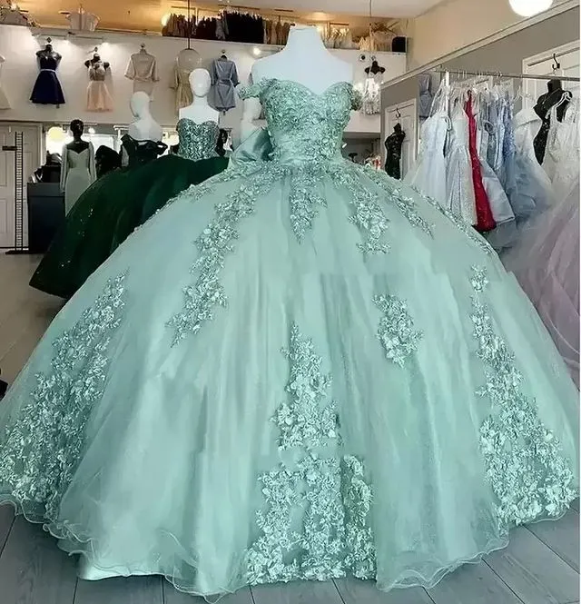 Ball Gown Sage Green Quinceanera Dresses Lace Applique Off the Shoulder sold by My Chic Dress product image thumbnail 5