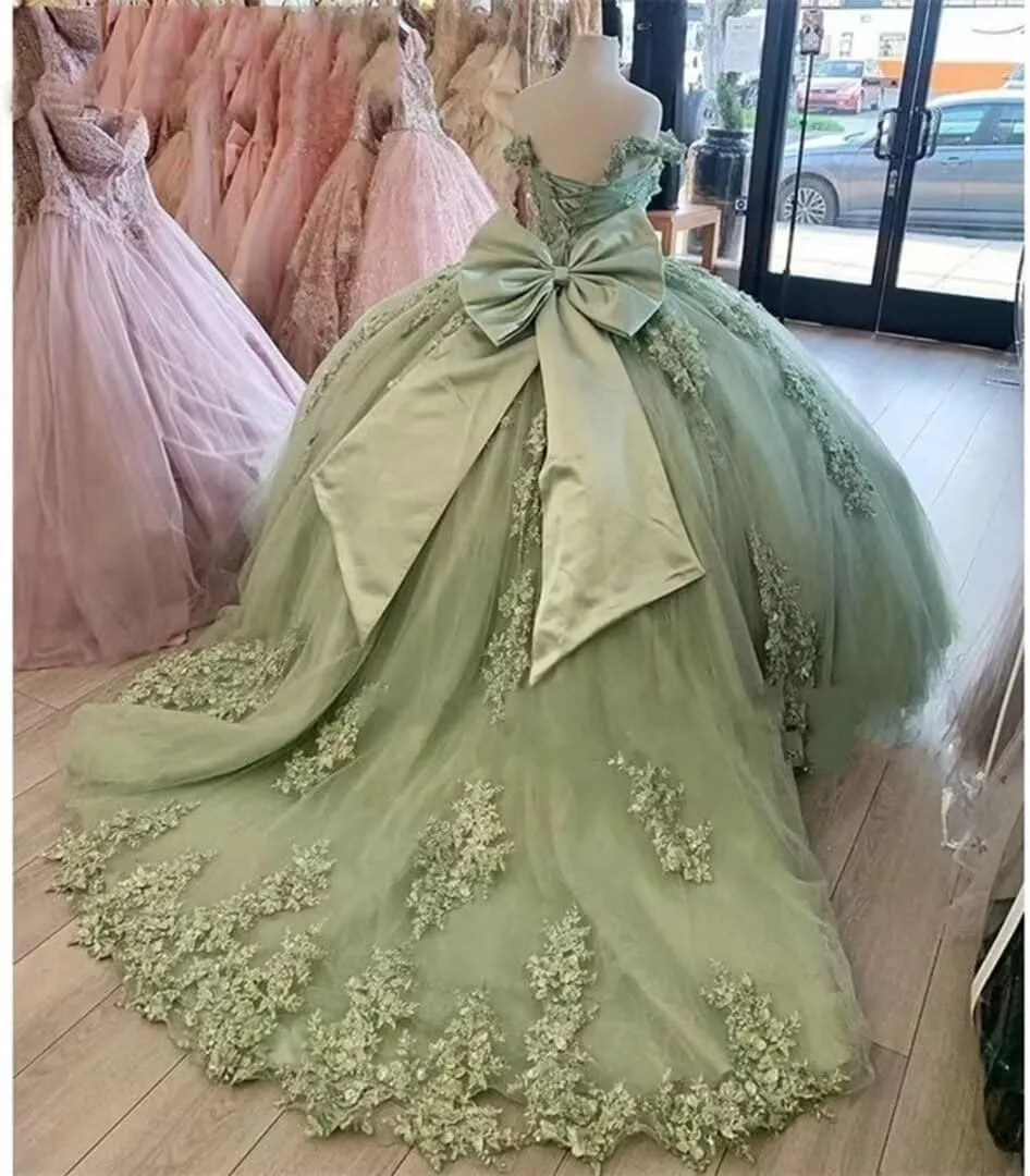 Ball Gown Sage Green Quinceanera Dresses Lace Applique Off the Shoulder sold by My Chic Dress product image thumbnail 2