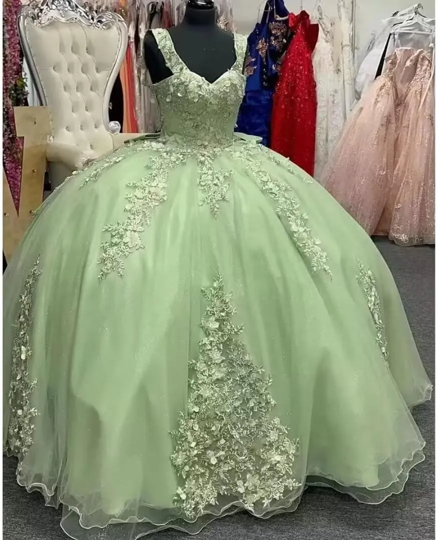 Ball Gown Sage Green Quinceanera Dresses Lace Applique Off the Shoulder sold by My Chic Dress