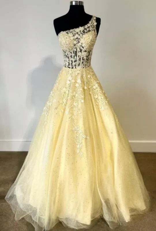 A-Line One-Shoulder Lace Prom Dresses 2025 Floral Appliques Formal Dress sold by My Chic Dress