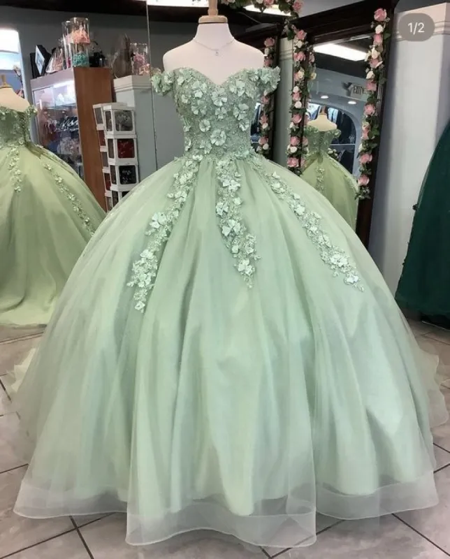 2025 Sage Green Quinceanera Dresses with Flowers Sweet 16 Dress Off Shoulder sold by My Chic Dress