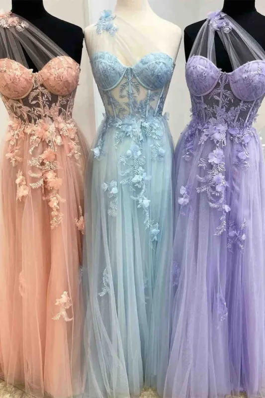 One Shoulder Flowers Lace Prom Dresses Applique Sweetheart with Split sold by My Chic Dress