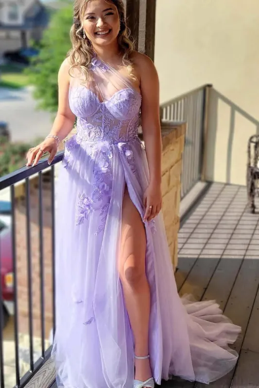 Flowers Lilac Prom Dresses Lace One Shoulder Applique Sweetheart with Split sold by My Chic Dress