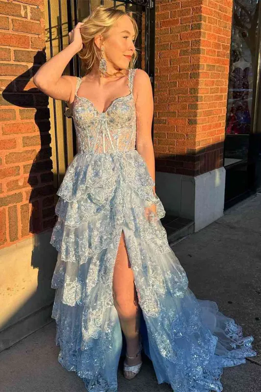 2025 Long Light Blue Corset Lace Prom Gowns Tiered Tulle Formal Graduation Dress sold by My Chic Dress