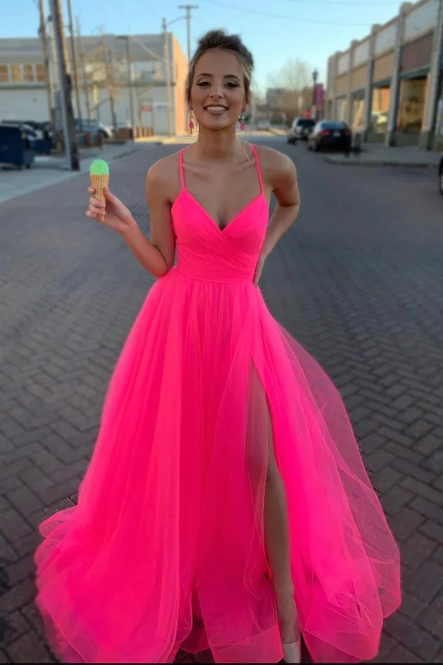A-line Long V Neck Tulle Prom Dress Hot Pink with Lace-up Back sold by My Chic Dress