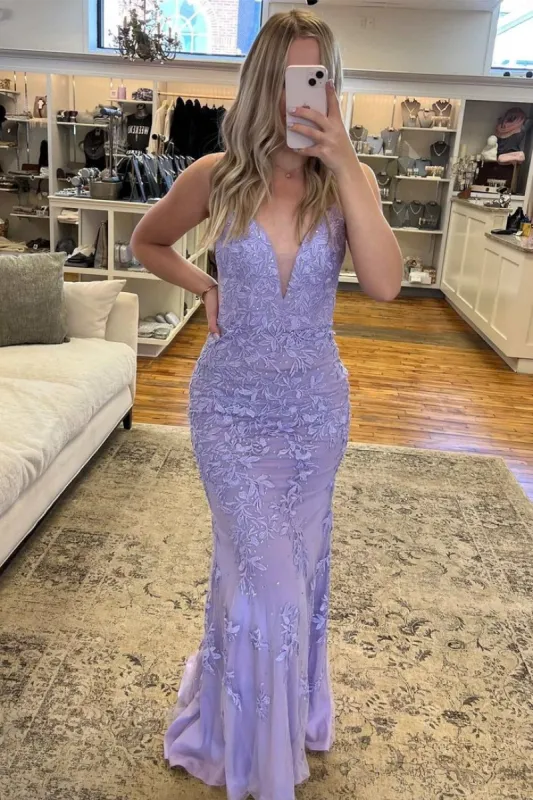 Lavender Mermaid Prom Dress Long Appliques Plunge V Formal Dresses Backless sold by My Chic Dress