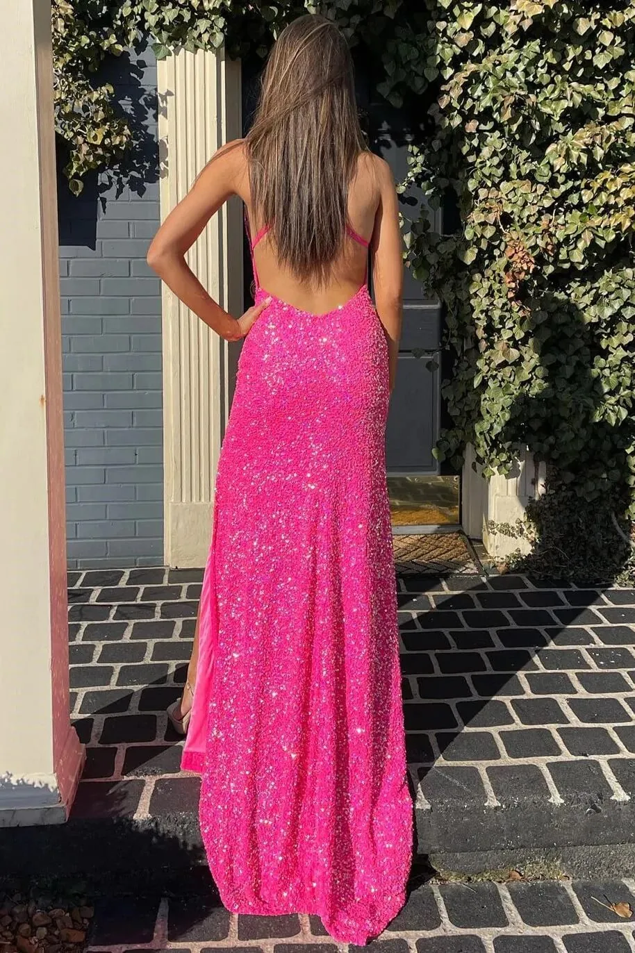 2025 Hot Pink Sequins Evening Dresses UK Mermaid V Neck Long Prom Dresses with Slit sold by My Chic Dress product image thumbnail 2