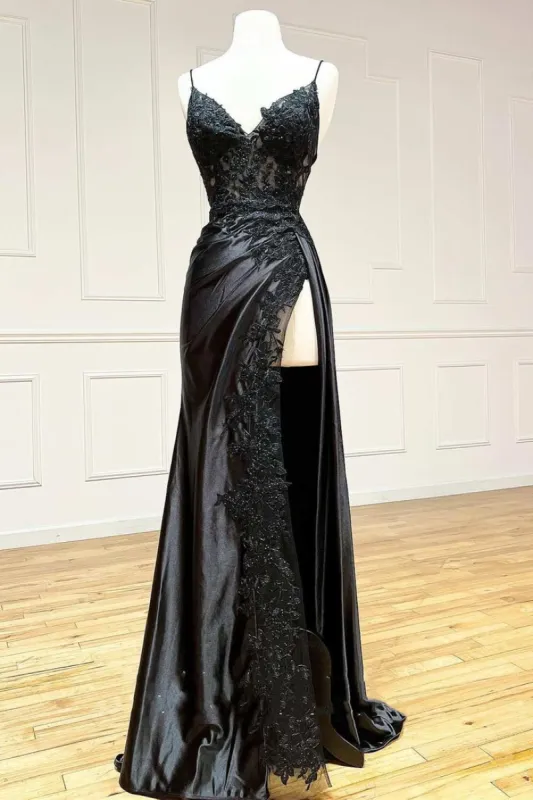 Hot 2025 Black Long Prom Dress Lace V Neck Formal Dresses A Line High split sold by My Chic Dress