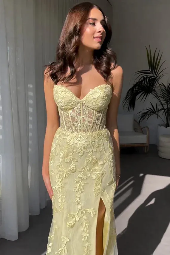 Long Corset Pastel Yellow Prom Dresses 2025 Mermaid Sweetheart with Appliques sold by My Chic Dress