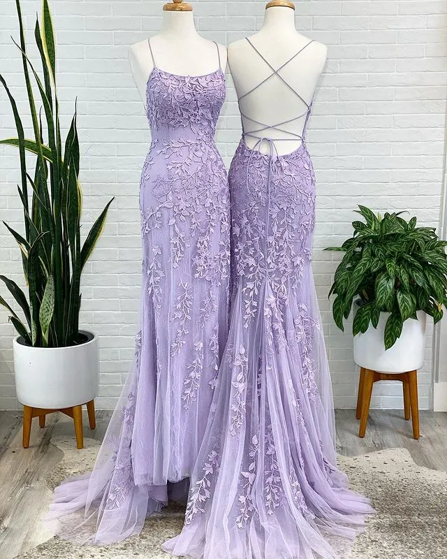 Lavender Lace Corset Prom Dresses Mermaid Scoop Evening Dress with Beading sold by My Chic Dress