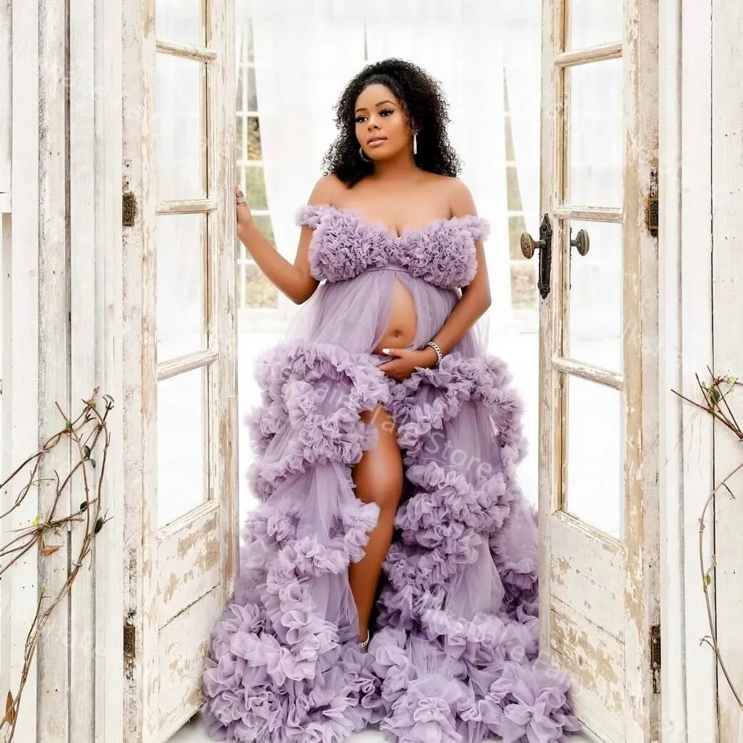Dusty Blue Ruffles Puffy Tulle Maternity Robe Tulle Pregnant Photo Shoot Robes sold by My Chic Dress product image thumbnail 2