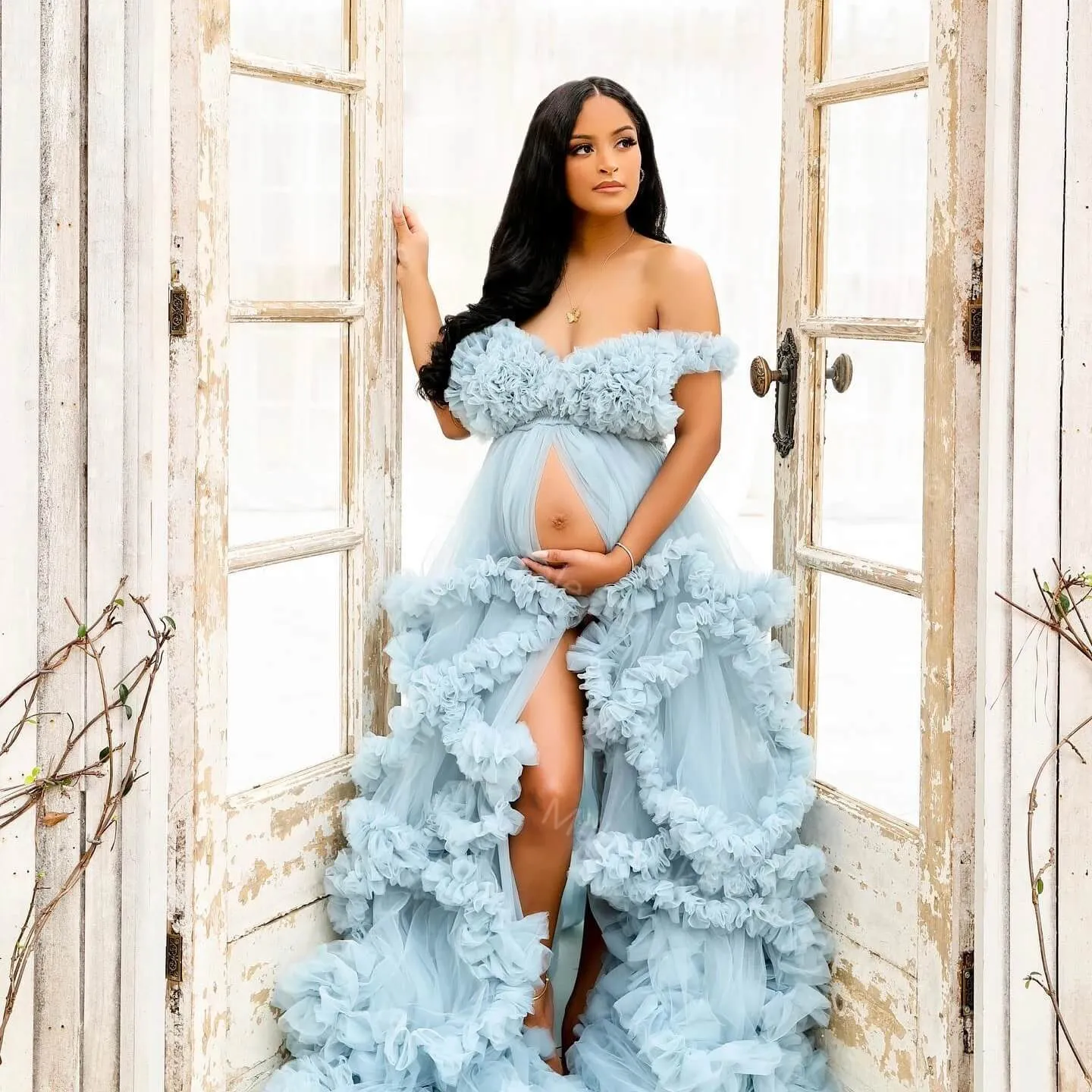 Dusty Blue Ruffles Puffy Tulle Maternity Robe Tulle Pregnant Photo Shoot Robes sold by My Chic Dress