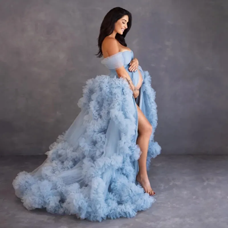 Dusty Blue Ruffles Puffy Tulle Maternity Robe Tulle Pregnant Photo Shoot Robes sold by My Chic Dress product image thumbnail 4