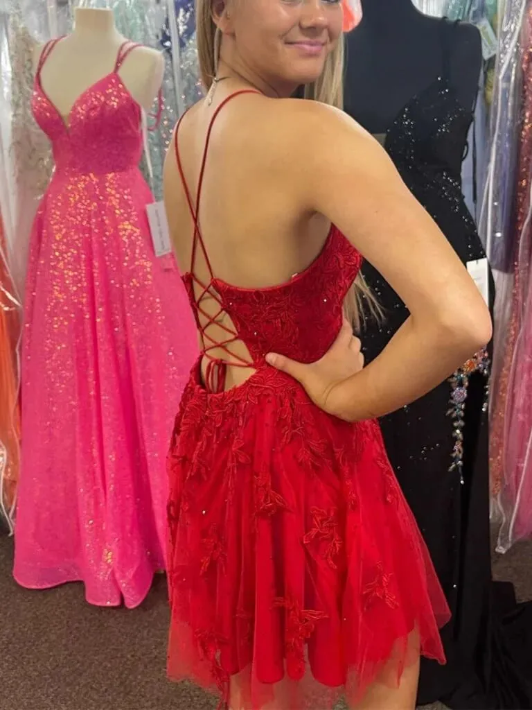 A Line V Neck Red Prom Dresses Lace Homecoming Dresses sold by My Chic Dress product image thumbnail 2