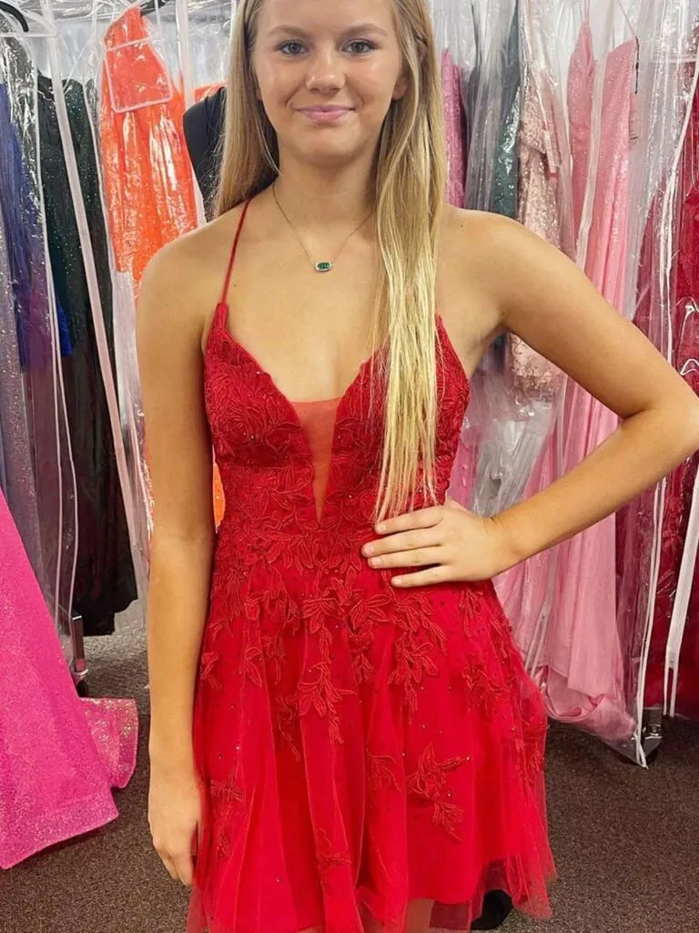 A Line V Neck Red Prom Dresses Lace Homecoming Dresses sold by My Chic Dress