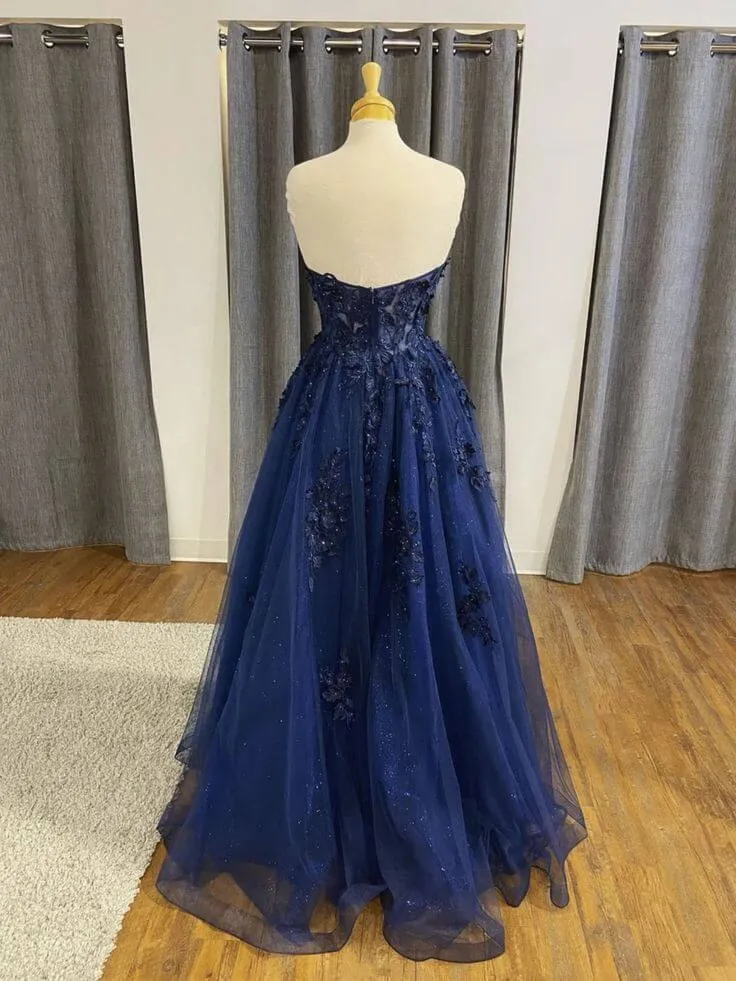 A Line 2025 Navy Blue Lace Long Prom Dresses Strapless Graduation Evening Dresses sold by My Chic Dress product image thumbnail 2