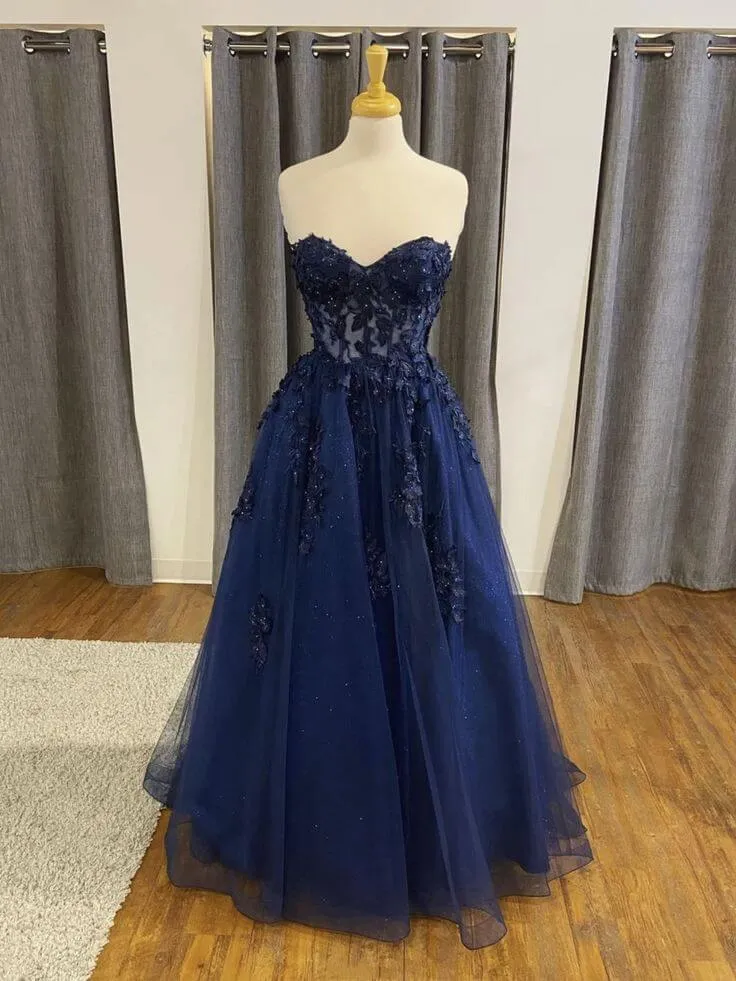 A Line 2025 Navy Blue Lace Long Prom Dresses Strapless Graduation Evening Dresses sold by My Chic Dress