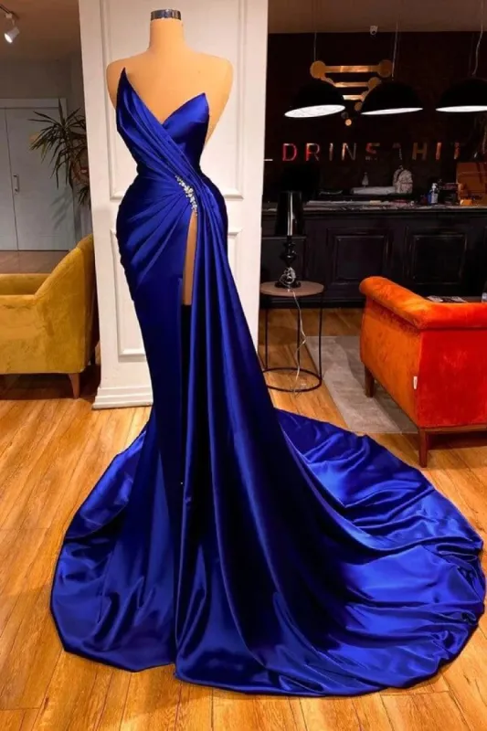 Sexy Blue Long V Neck Satin Evening Dresses Mermaid with High Split sold by My Chic Dress