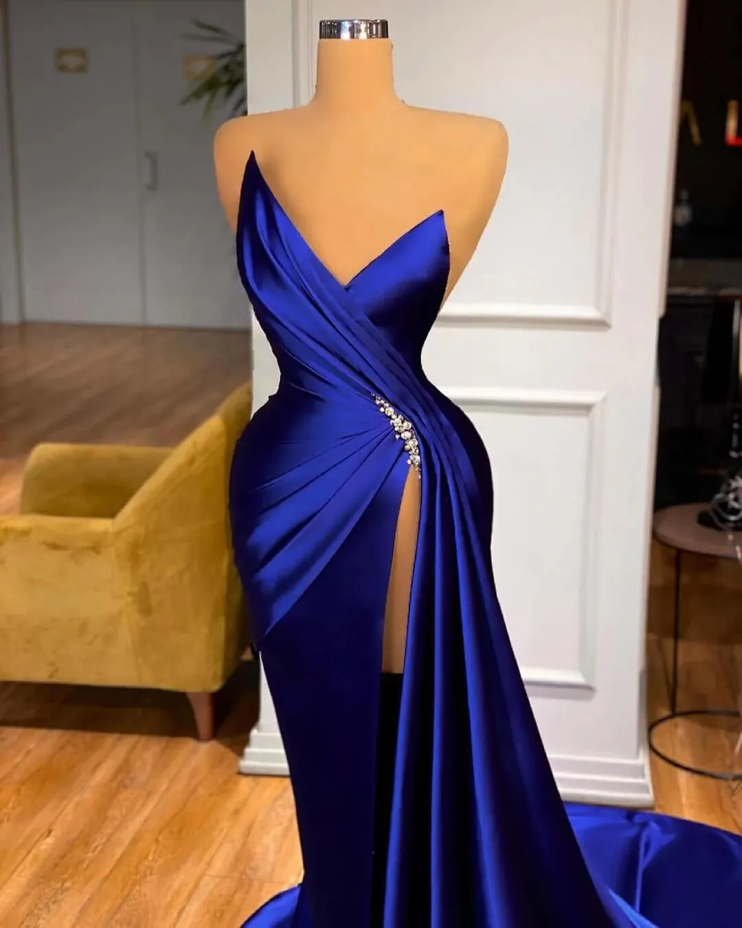 Sexy Blue Long V Neck Satin Evening Dresses Mermaid with High Split sold by My Chic Dress product image thumbnail 2