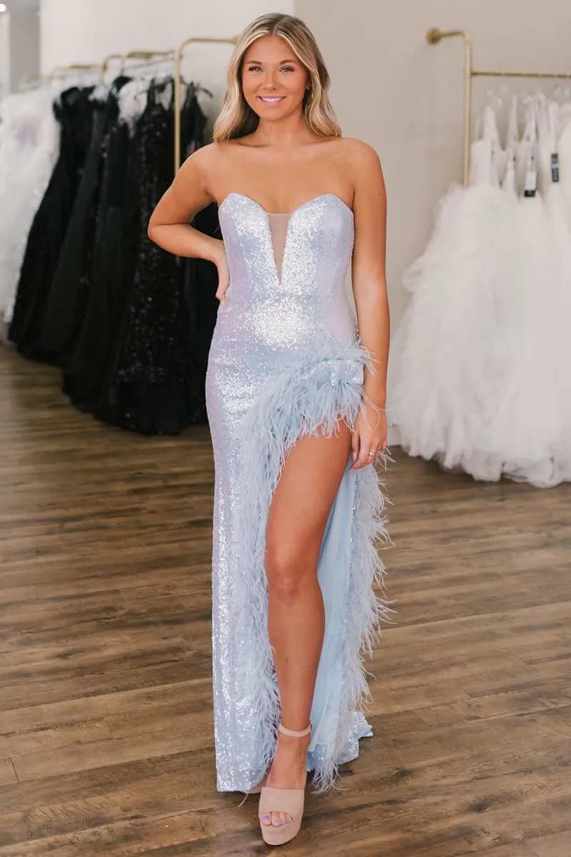 Light Blue Prom Dresses Sequin Feathers Mermaid Formal Gowns High Spilt sold by My Chic Dress product image thumbnail 3