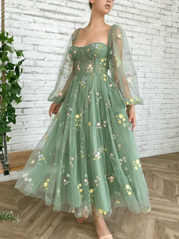 Long Sleeves Light Green Embroidered Tulle Prom Dress Corset sold by My Chic Dress
