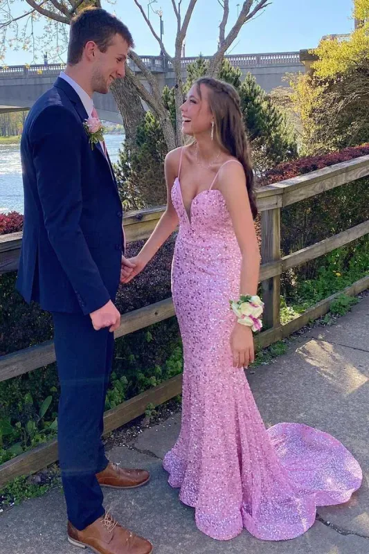2025 Long Pink Prom Dresses Sequin Mermaid Sleeveless Formal Dress sold by My Chic Dress