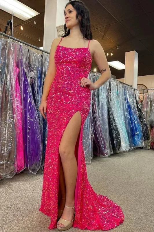 Simple Fuchsia Sequin Prom Dresses Long Gruaduation Dress UK sold by My Chic Dress
