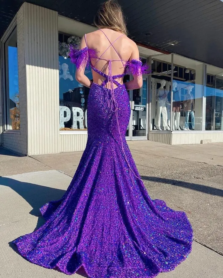 Off the Shoulder Long Iridescent Sequins Purple Prom Dresses with Feather sold by My Chic Dress product image thumbnail 2