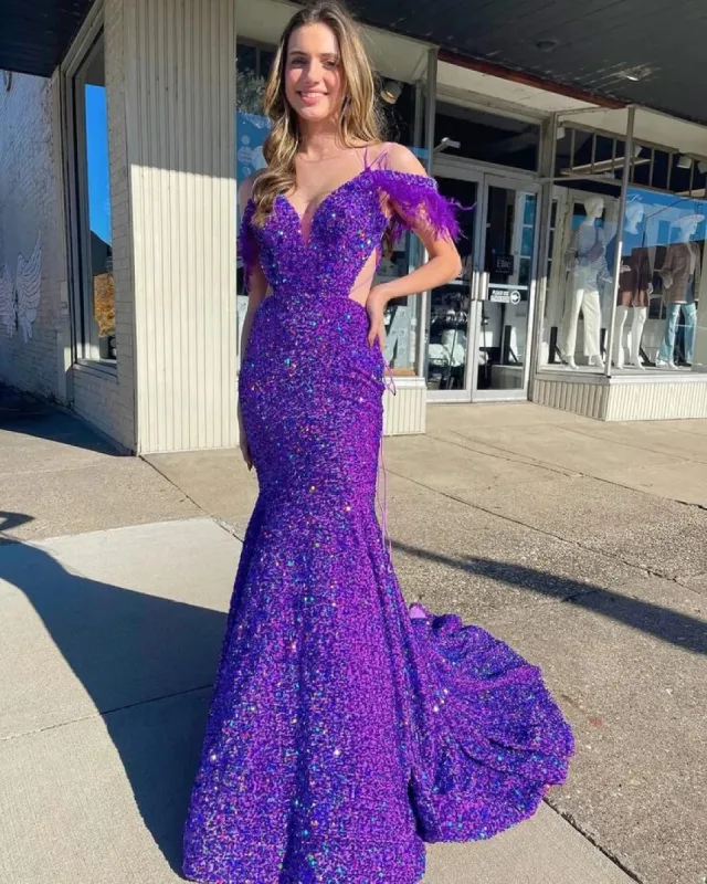 Off the Shoulder Long Iridescent Sequins Purple Prom Dresses with Feather sold by My Chic Dress