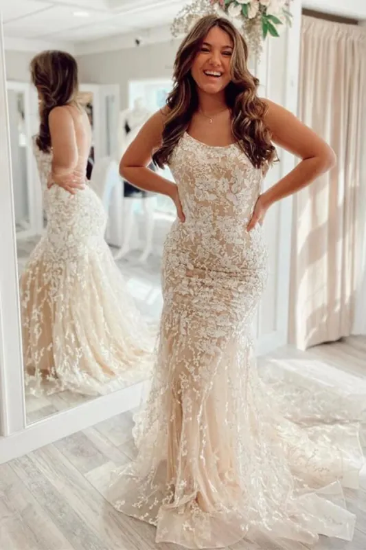 Backless 2025 Lace Long Prom Dress Champagne Square Graduation Dress Mermaid sold by My Chic Dress
