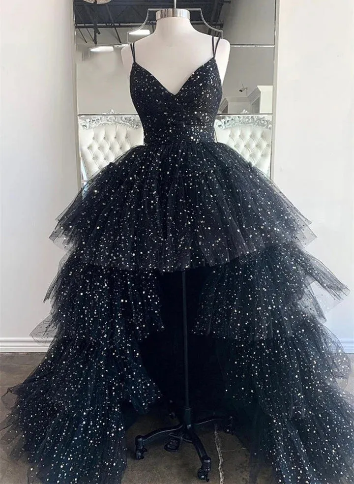 High Low Black Long Formal Dresses V neckline Tulle Prom Dresses Layers sold by My Chic Dress