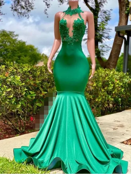 Sexy Long Green Lace Prom Dresses Open Back Mermaid Halter Dress sold by My Chic Dress