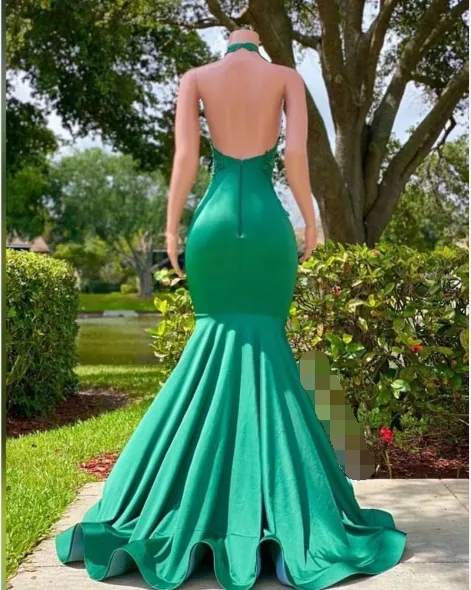 Sexy Long Green Lace Prom Dresses Open Back Mermaid Halter Dress sold by My Chic Dress product image thumbnail 2