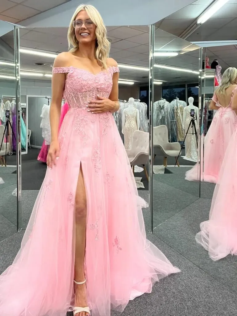 Cheap Off Shoulder 2025 Pink Formal Dresses Lace Long Prom Dresses with High Slit sold by My Chic Dress product image thumbnail 3