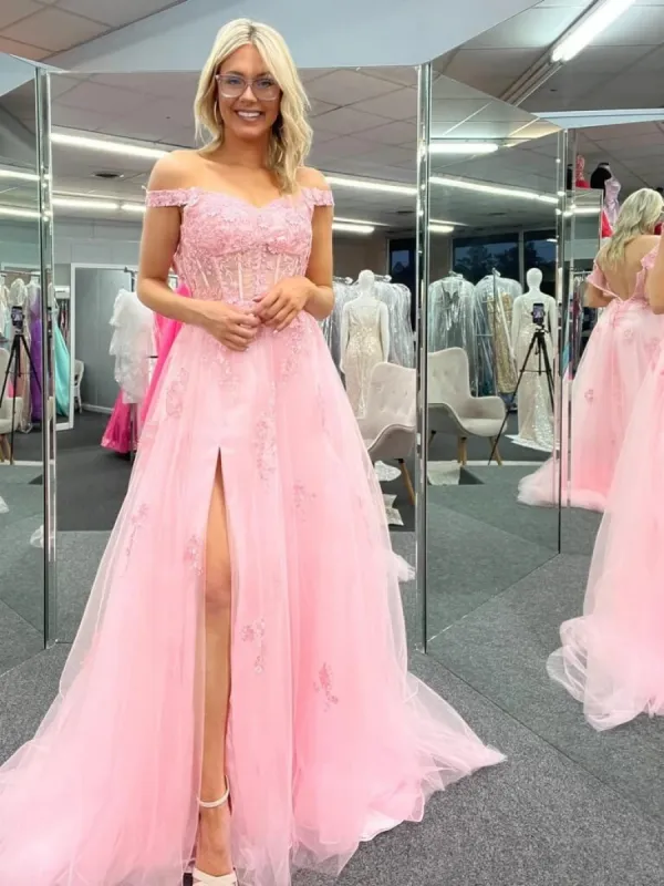 Cheap Off Shoulder 2025 Pink Formal Dresses Lace Long Prom Dresses with High Slit sold by My Chic Dress
