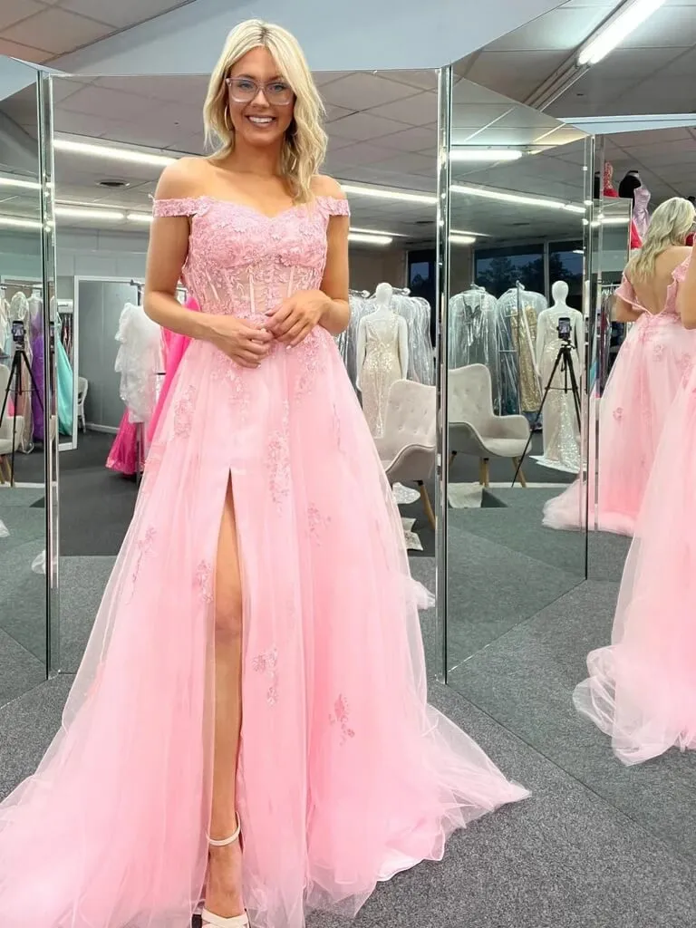 Cheap Off Shoulder 2025 Pink Formal Dresses Lace Long Prom Dresses with High Slit sold by My Chic Dress