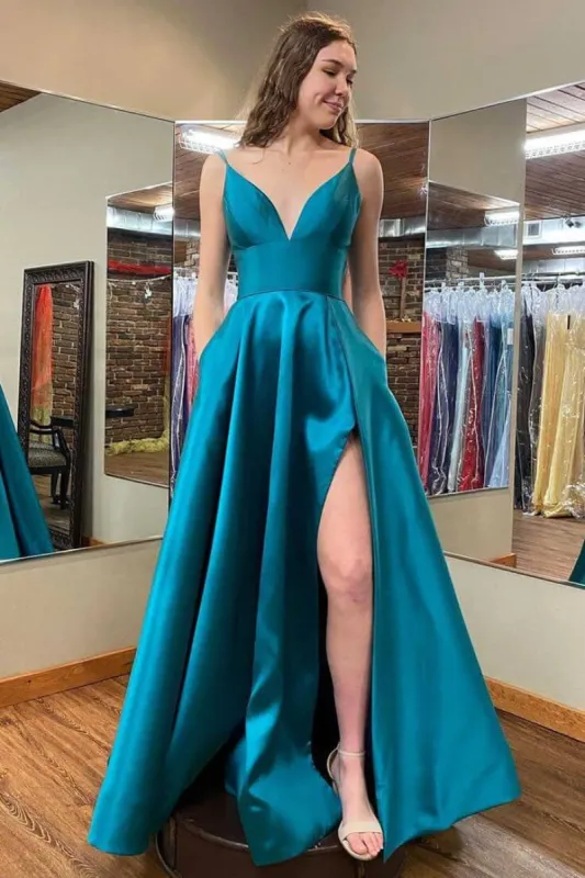 A-Line Long Prom Dress Satin Side Slit Teal Green Formal Dress with Pockets sold by My Chic Dress
