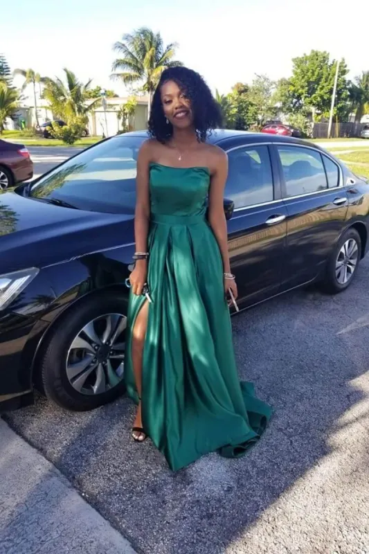 Hunter Green Satin Prom Dresses Simple Strapless Long Formal Dress sold by My Chic Dress