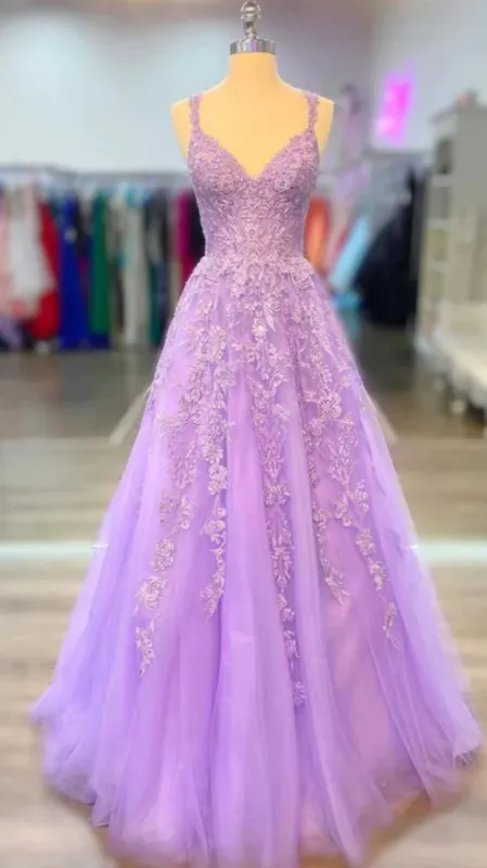 A-line Lilac Tulle 2025 Prom Dresses Violet V-neck Formal Evening Dresses UK sold by My Chic Dress