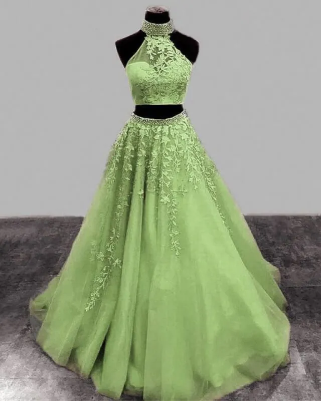 Sage Green Prom Dresses Two Piece Lace Embroidery Beaded Halter Formal Dress sold by My Chic Dress