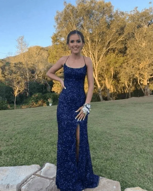 Navy Blue Sequin Prom Dresses Mermaid Long Formal Party Dresses Cross Back sold by My Chic Dress
