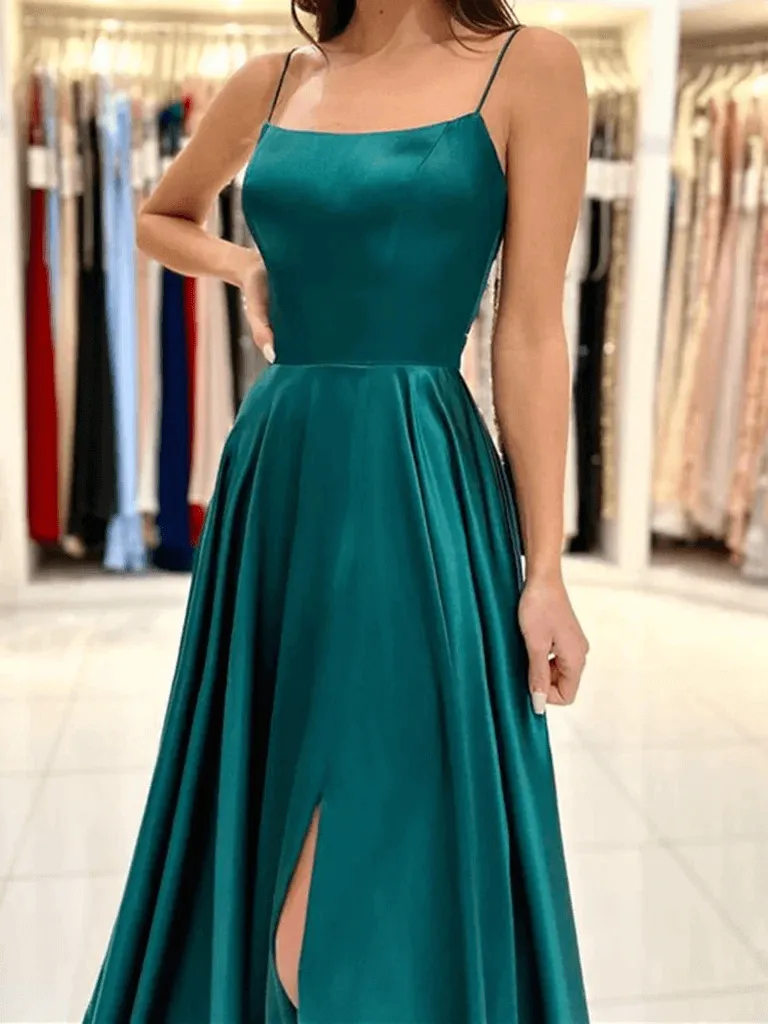 Satin Dark Green Prom Dresses Long Square Evening Dress Backless with High Slit sold by My Chic Dress product image thumbnail 2