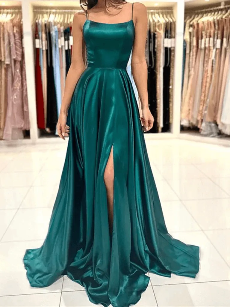 Satin Dark Green Prom Dresses Long Square Evening Dress Backless with High Slit sold by My Chic Dress