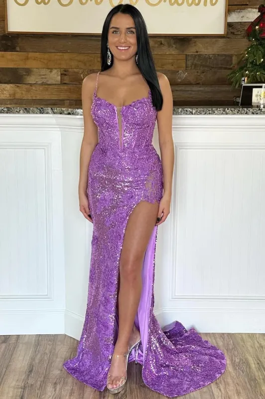 Violet Purple Sequins Prom Dresses Mermaid Lace Long Formal Dress Spaghetti Straps sold by My Chic Dress
