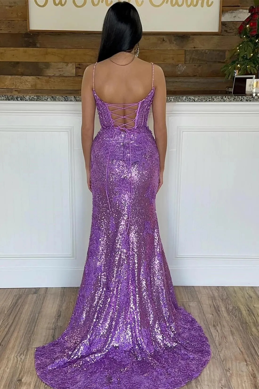 Violet Purple Sequins Prom Dresses Mermaid Lace Long Formal Dress Spaghetti Straps sold by My Chic Dress product image thumbnail 2