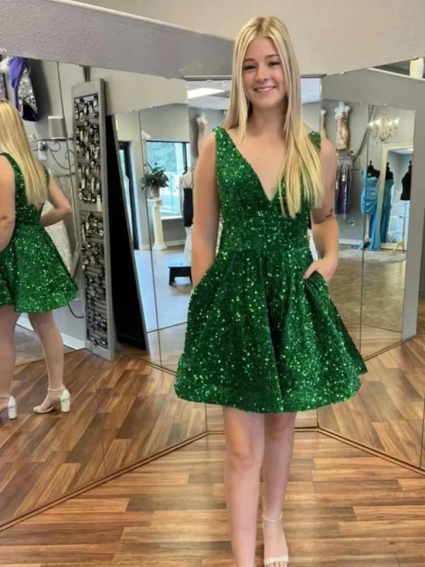 Shiny Sequins V Neck Homecoming Dresses Short Green Wedding Guest Dresses sold by My Chic Dress