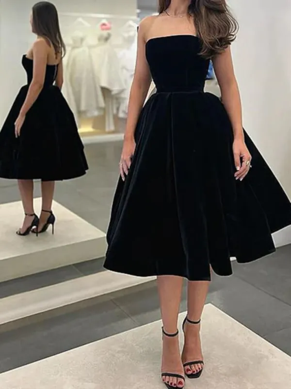 Sexy Black Velvet Wedding Guest Dress Strapless Knee Length Prom Dresses Short sold by My Chic Dress