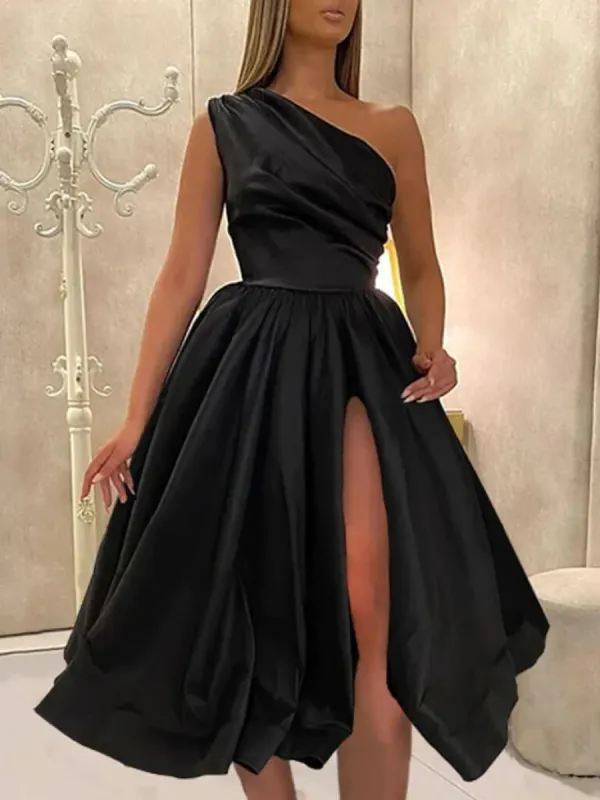 2025 One Shoulder Black Satin Wedding Guest Dresses Tea Length Prom Dresses sold by My Chic Dress